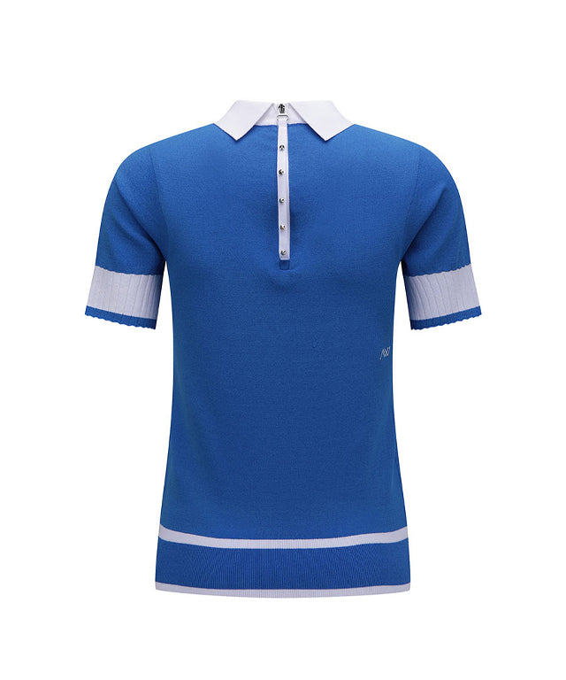 ANEW Golf Women Back Zipper Point Short Sweater in blue, featuring a stylish design with a back zipper and color-matching collar and sleeves.